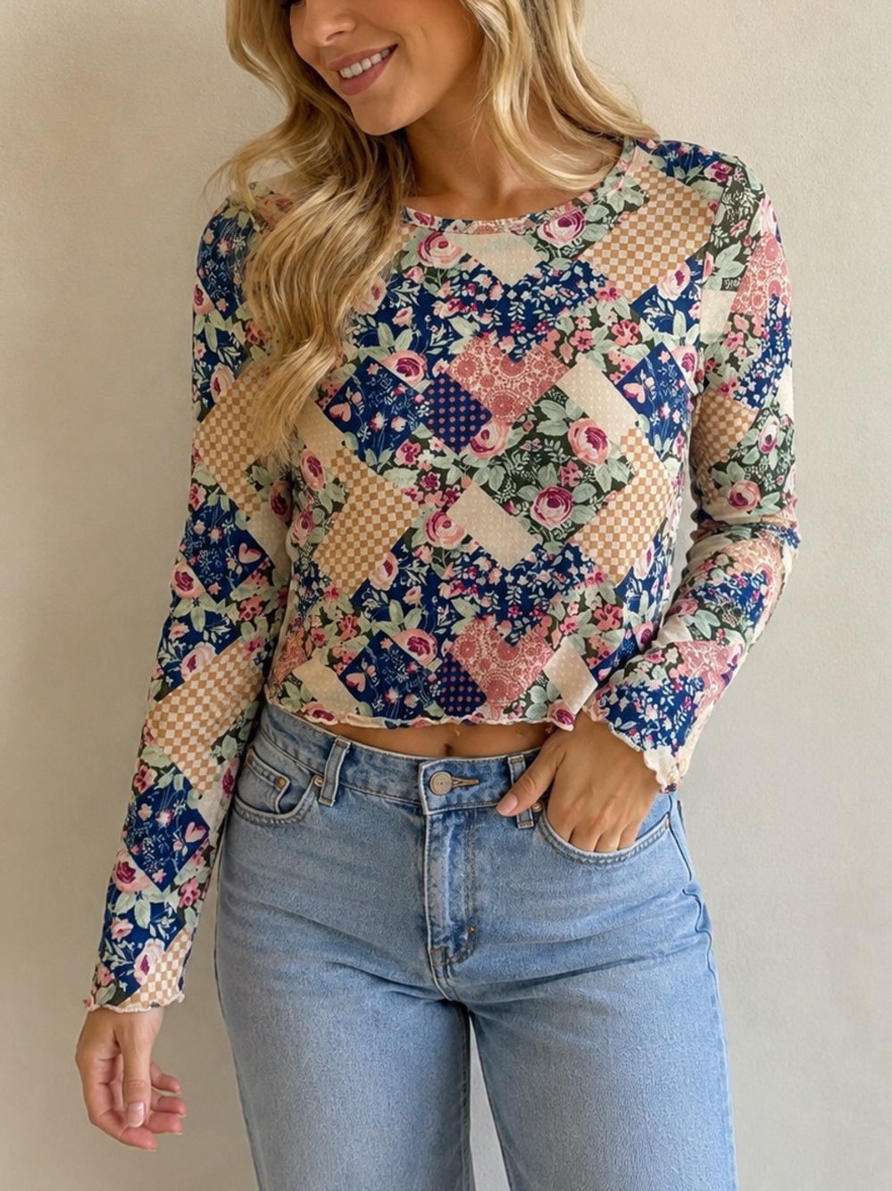 NWT Vanilla Star Patchwork Floral Long Sleeve Top - Blue, Pink, Cream